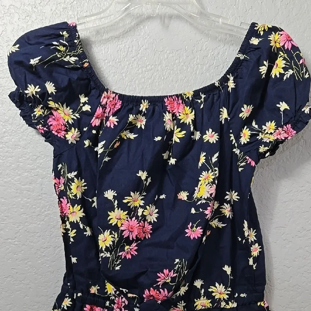 Gap Girls Floral Puff Sleeve Chambray Romper XL 14/16 Navy Bow Pockets Summer